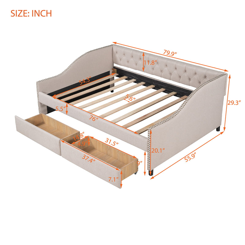 Full Size Upholstered Daybed With Two Drawers, Wood Slat Support