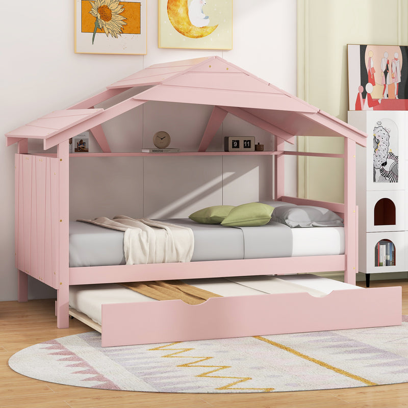 Wood Twin Size House Bed with Trundle and Storage, Pink