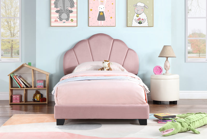 Upholstered Twin Size Platform Bed for Kids, with Slatted Bed Base, No Box Spring Needed, Pink color, Shell Design