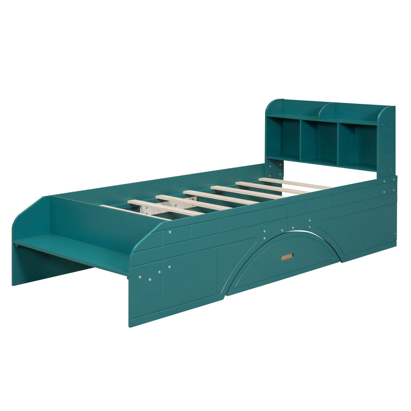 Wood Twin Size Platform Bed with 2 Drawers, Storage  Headboard and Footboard, Dark Green