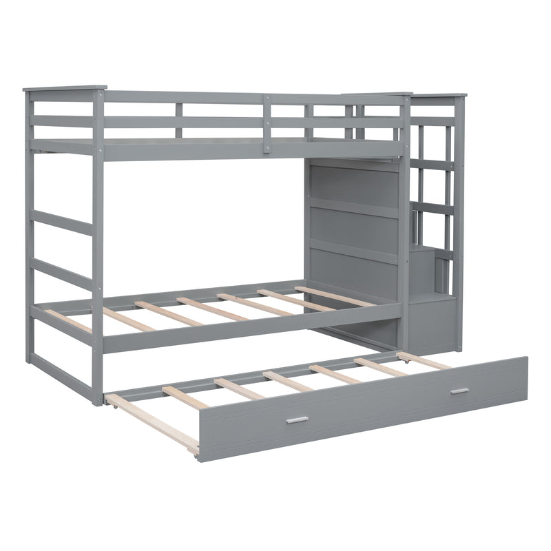 Twin Over Twin Bunk Bed with Trundle and Staircase,Gray(OLD SKU:LT000068AAE)