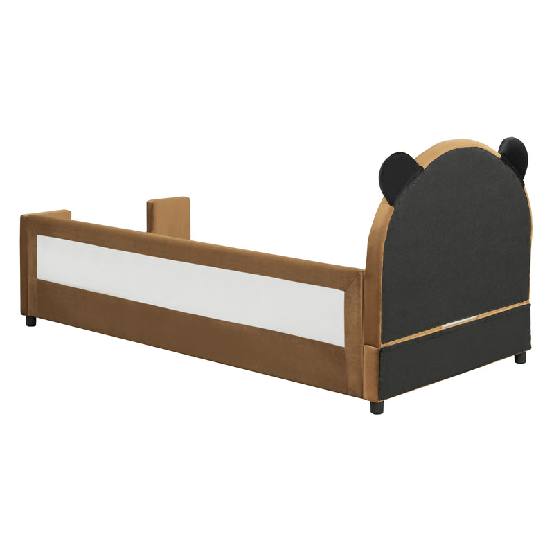 Twin Size Upholstered Daybed with Bear Shaped Headboard, Hydraulic System and Breathable Mesh Fence, Brown