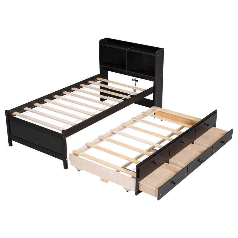 Twin Size Bed with  built-in USB ,Type-C Ports, LED light, Bookcase Headboard, Trundle and 3 Storage Drawers, Twin Size Bed with  Bookcase Headboard, Trundle and Storage drawers ,Espresso