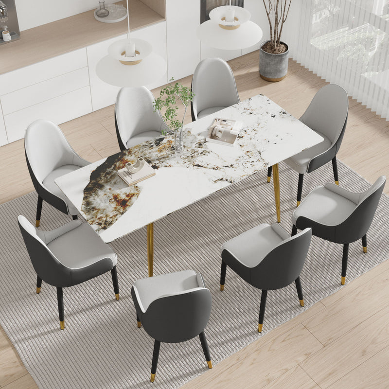 78.74" Modern Artificial Stone Pandora Straight Edge Golden Metal Leg Dining Table, Can Accommodate 8 People - White