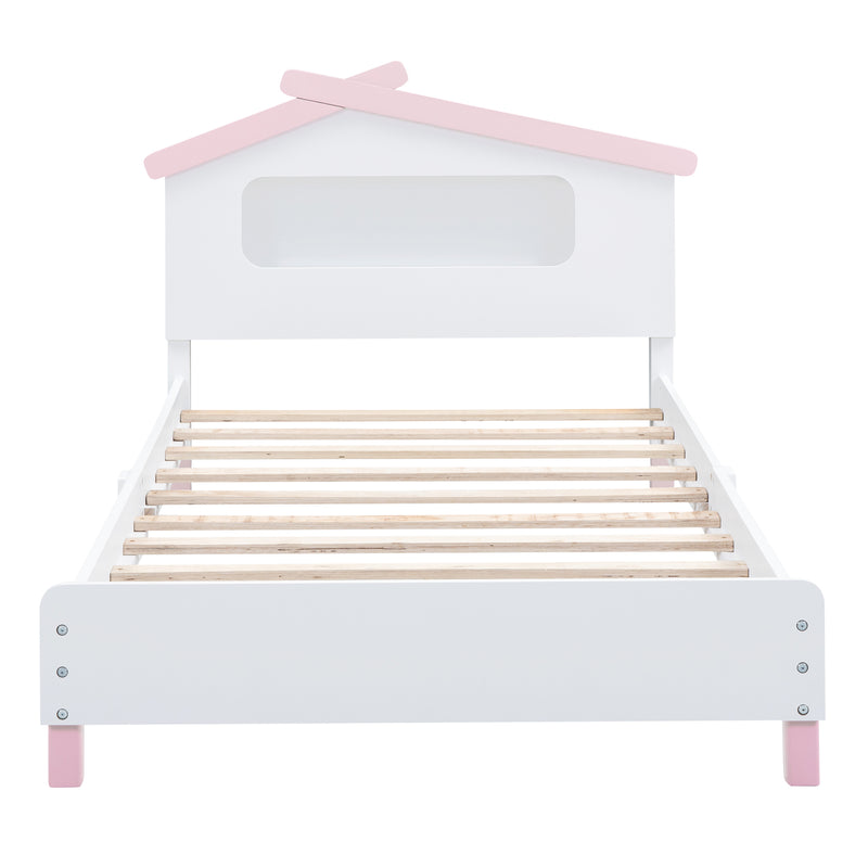 Twin Size Wood Platform Bed with House-shaped Headboard and Motion Activated Night Lights (White+Pink)