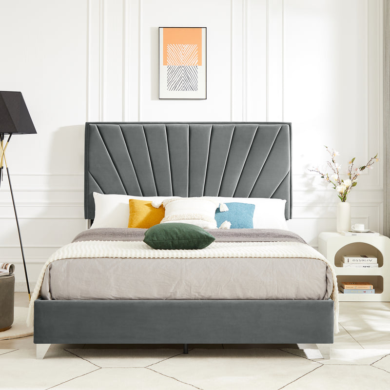 B108 Full bed Beautiful line stripe cushion headboard , strong wooden slats + metal support feet, Gray Flannelette