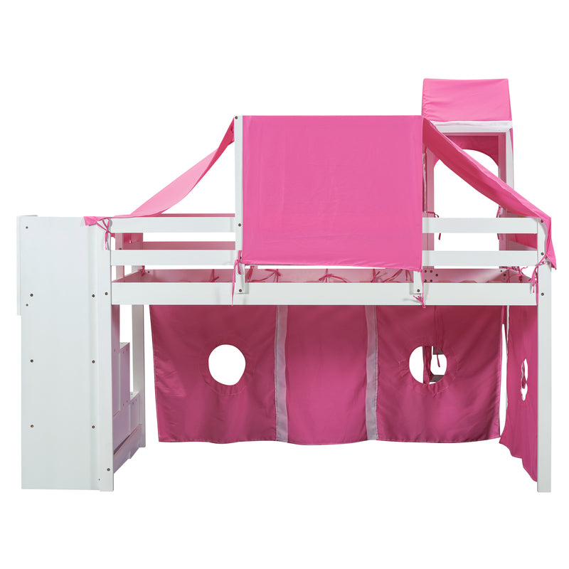 Twin Size Loft Bed with Tent and Tower - Pink