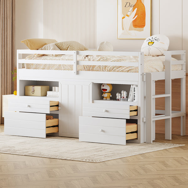 Twin Size Loft Bed with 4 Drawers, Underneath Cabinet and Shelves, White