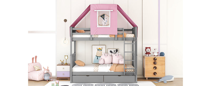 Twin Over Twin Bunk Bed Wood Bed with Tent and Drawers, Gray+Pink Tent