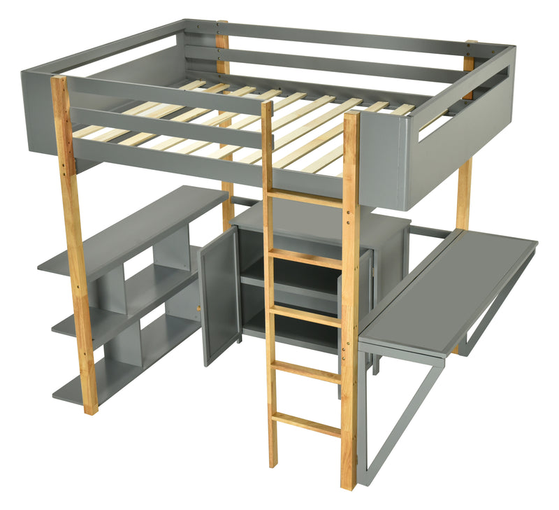 Twin Size Wood Loft Bed With Built-in Storage Cabinet and Cubes, Foldable desk, Gray