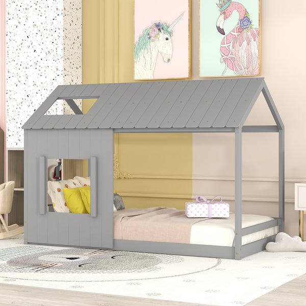 Twin Size House Bed with Roof and Window - Gray