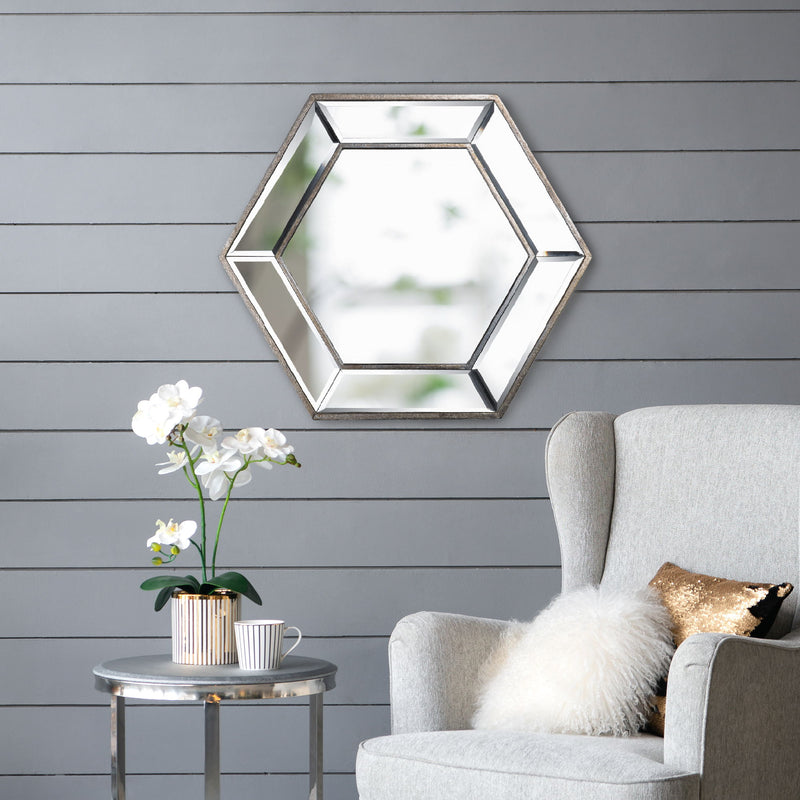 Hexagon Wall Mirror With Contemporary Glass Design, Home Decor Accent Mirror For Living Room - Silver