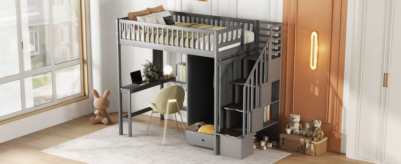 Twin size Loft Bed with Bookshelf,Drawers,Desk,and Wardrobe-Gray