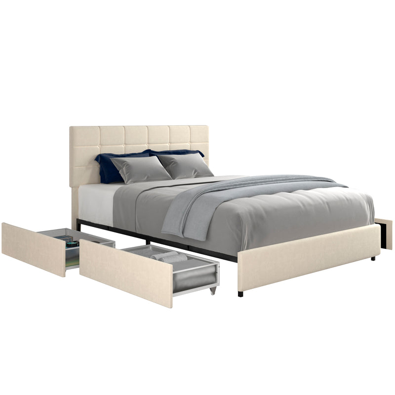 Vera Queen Size Ivory Velvet Upholstered Platform Bed with Patented 4 Drawers Storage, Square Stitched Button Tufted Headboard, Wooden Slat Mattress Support No Box Spring Required