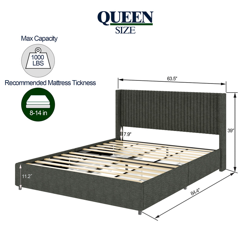 Anna Queen Size Gray Linen Upholstered Wingback Platform Bed with Patented 4 Drawers Storage, Modern Design Headboard with Tight Channel, Wooden Slat Mattress Support No Box Spring Needed