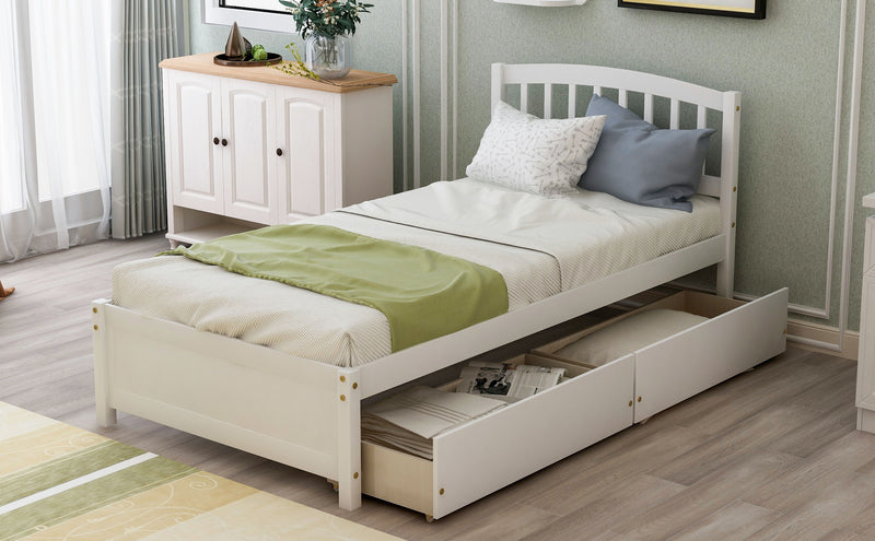 Twin Platform Storage Bed Wood Bed Frame With Two Drawers And Headboard - White