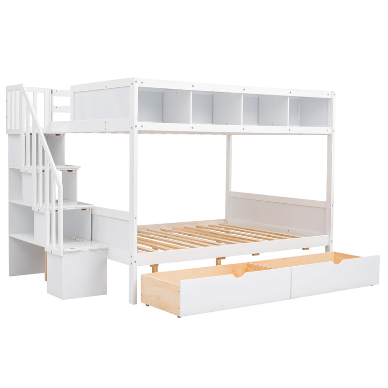 Twin over Full Bunk Bed with Shelfs, Storage Staircase and 2 Drawers, White