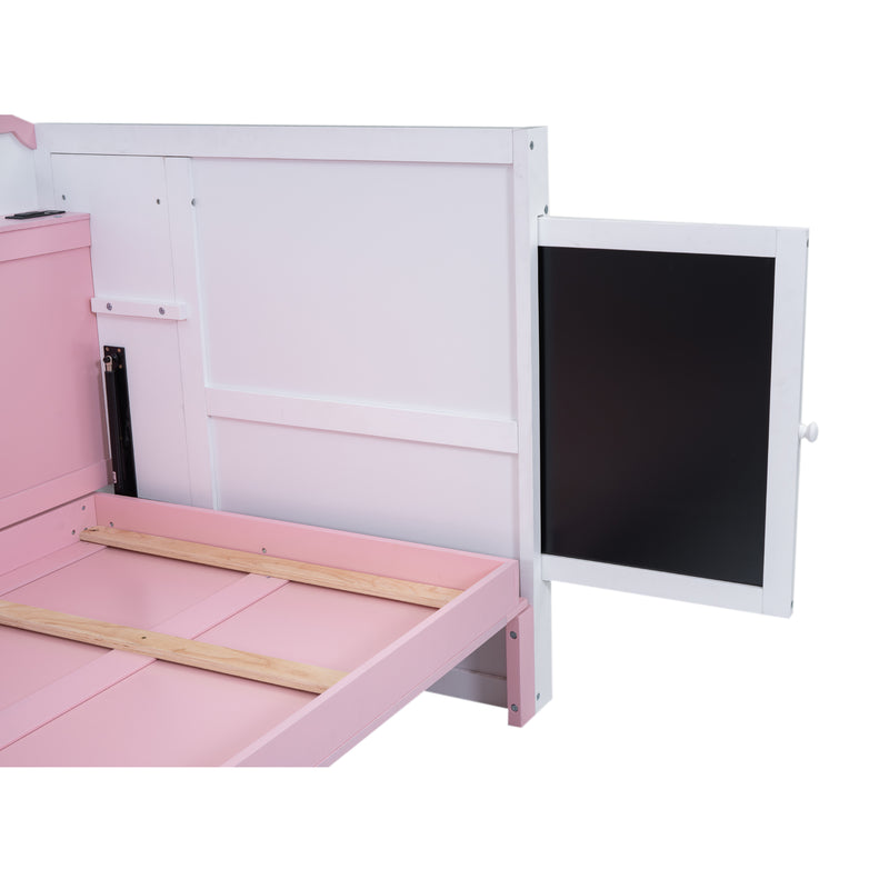 Wood Twin Size House Murphy Bed with USB, Storage Shelves and Blackboard, Pink+White