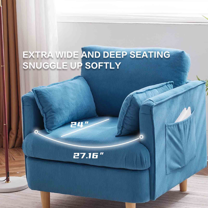 29.5" W Modern Fabric Decorative Chair Armchair Upholstered Reading Chair Single Sofa Casual Club Chair With Solid Wooden Feet And 2 Pillow, For Living Room, Bedroom, Bed Room, Office, Corduroy Fabric - Blue