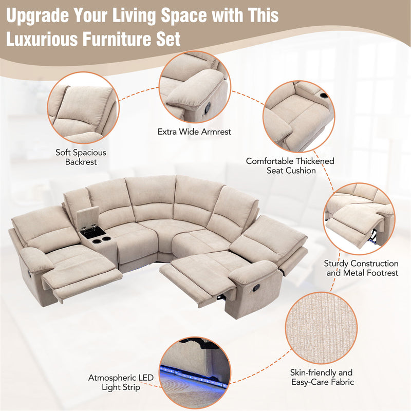 Modern Manual Reclining Living Room Furniture Set With USB Ports, Hidden Storage, Led Light Strip And 2 Cup Holders - Cream