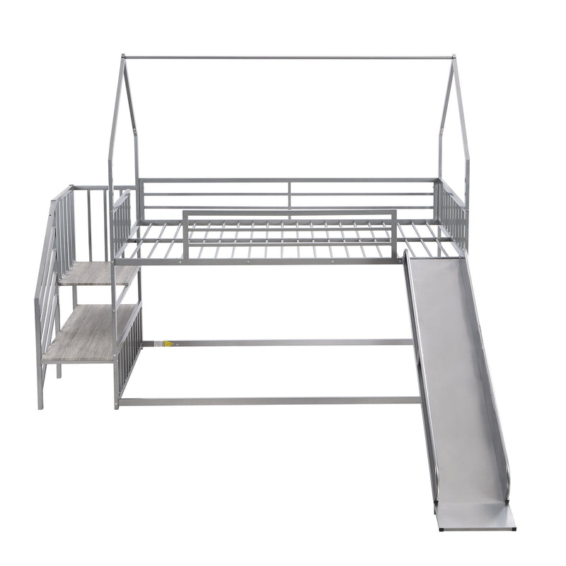 Twin Over Twin Metal Bunk Bed House Bed With Slide And Staircase