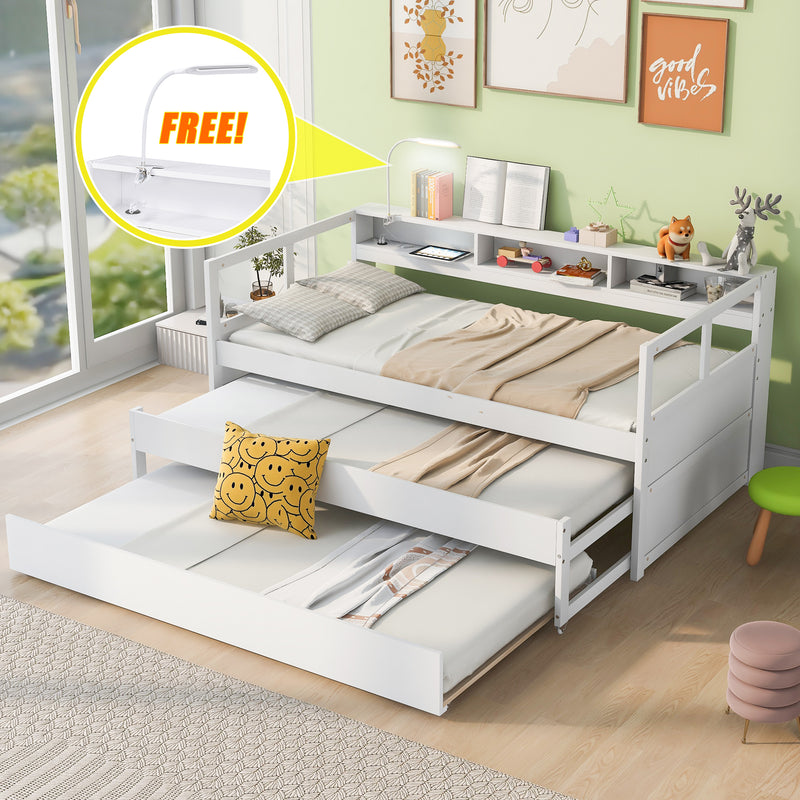 Twin XL Wood Daybed with 2 Trundles, 3 Storage Cubbies, 1 Light for Free and USB Charging Design, White