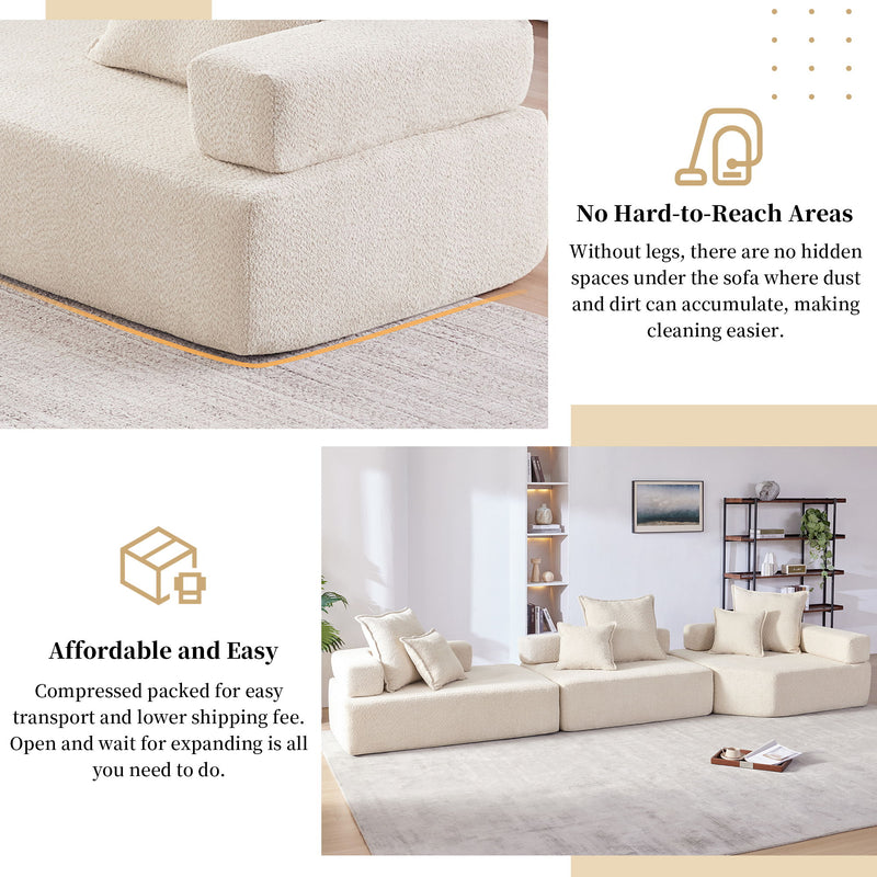 151.5" Oversized Modular Sectional Sofa, Luxury Boucle Floor Couch Set, Convertible Sleeper Couch, Spacious Foam-Filled Sofa Bed For Living Room, 3 Piece Free Combination - Beige