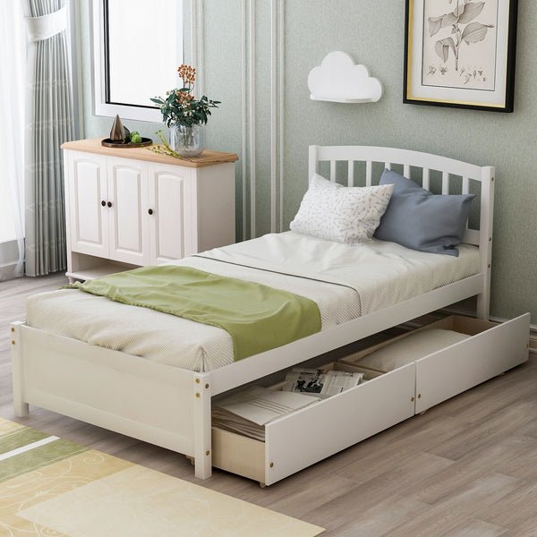 Twin Platform Storage Bed Wood Bed Frame With Two Drawers And Headboard - White