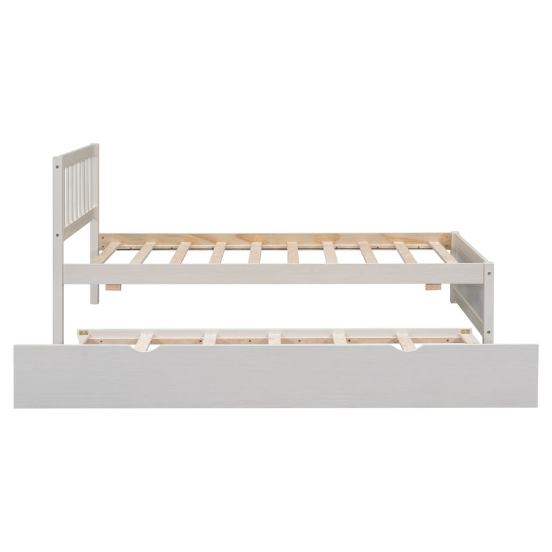 Wooden Twin Size Platform Bed Frame with Trundle for White Washed Color