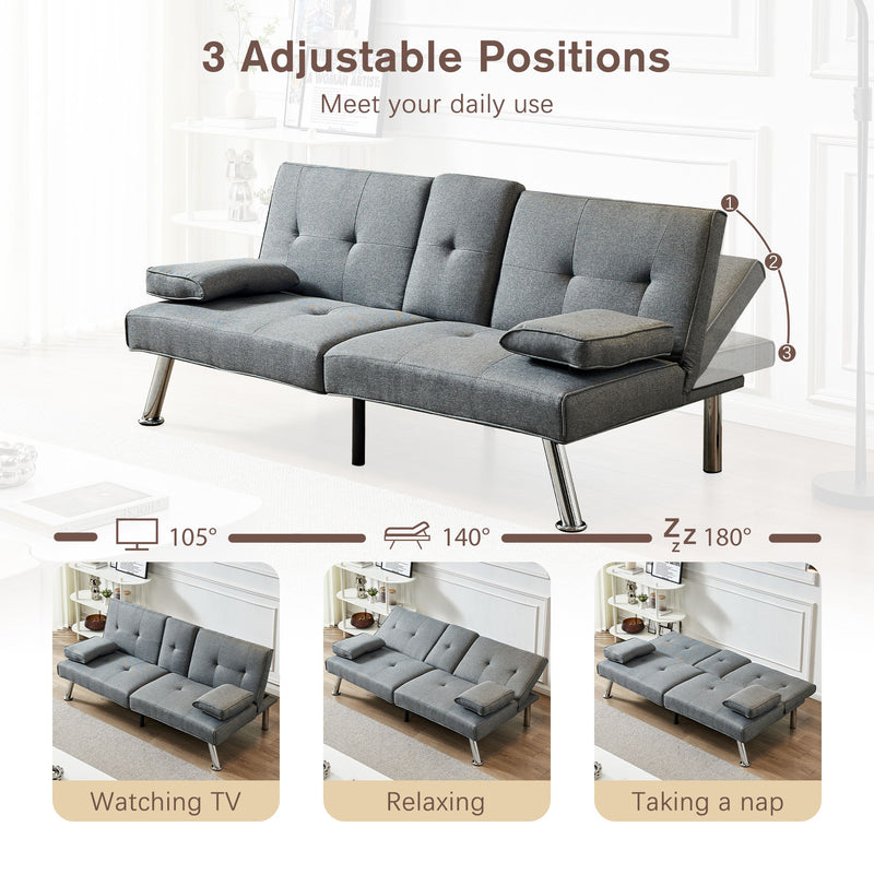 Sofa Bed, Loveseat Futon Sofa Bed With Removable Armrests, Adjustable Reliner Guest Bed Daybed For Small Space, Cup Holders, 3 Angles