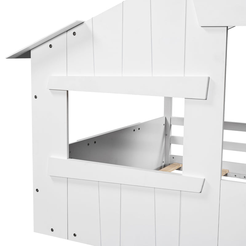 Wood Full Size House Bed with Roof, Window and Guardrail, White