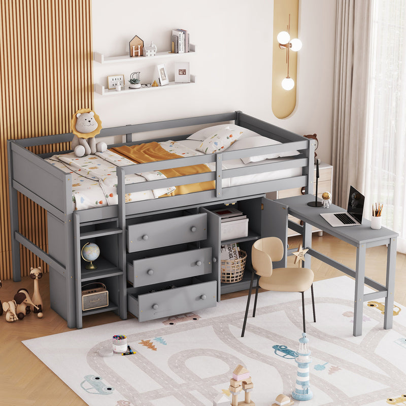 Twin Size Low Loft Bed With Pull-Out Desk, Drawers, Cabinet, and Shelves for Grey Color