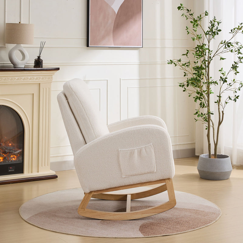 Rocking Chair For Nursery, Sherpa Glider Chair With High Back And Side Pocket, Rocking Accent Armchair With Rubber Wood Legs For Living Room / Bedroom