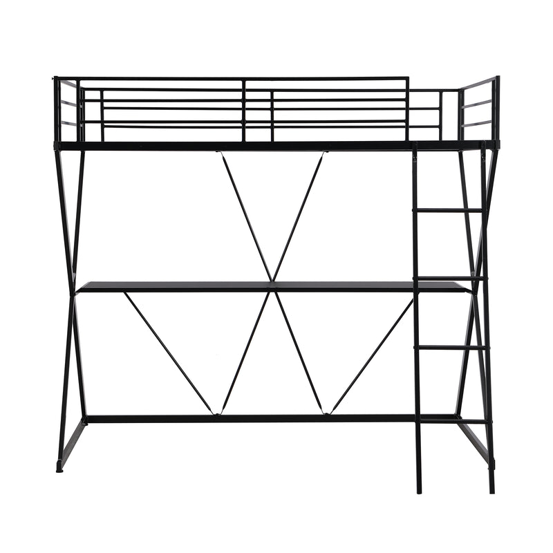 Twin Size Loft Bed with Desk, Ladder and Full-Length Guardrails, X-Shaped Frame, Black(Old SKU: MF297073AAB)