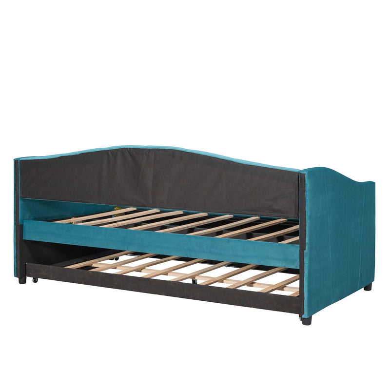 Twin Size Upholstered Daybed Sofa Bed With Trundle Bed And Wood Slat - Blue