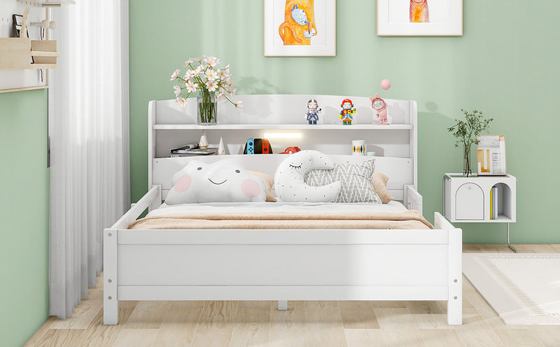 Wood Full Size Platform Bed with Built-in LED Light, Storage Headboard and Guardrail, White