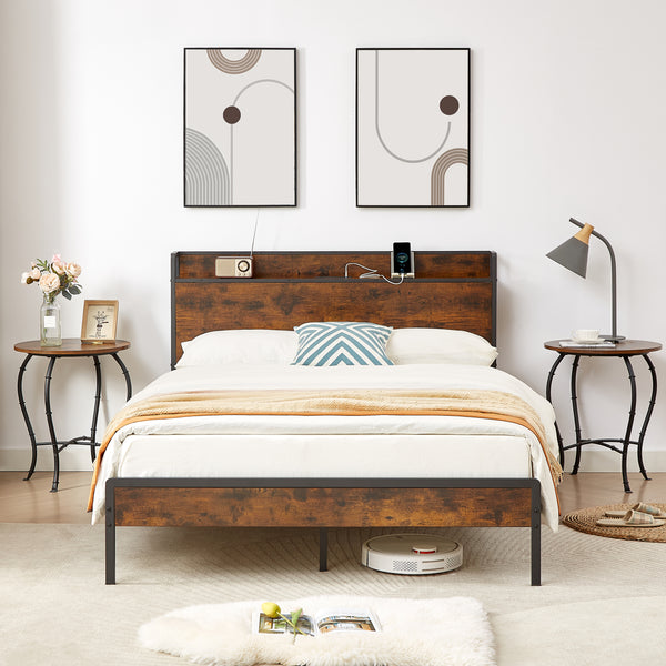 Bed frame with charging station full size, Rustic Brown, 83.1'' L x 56.1'' W x 39'' H