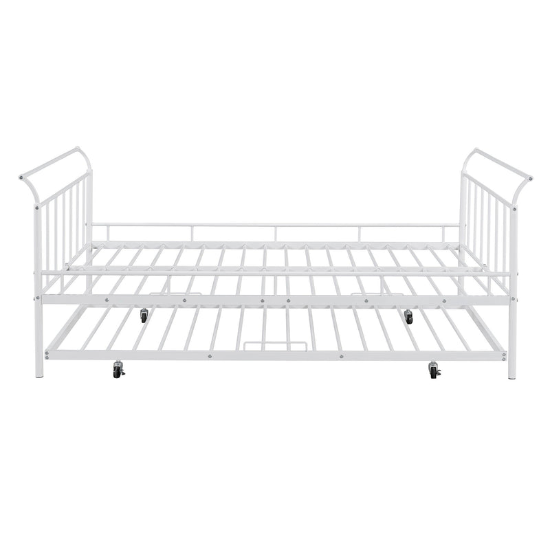 Full Size Metal Daybed With Curved Handle Design And Twin Size Trundle - White