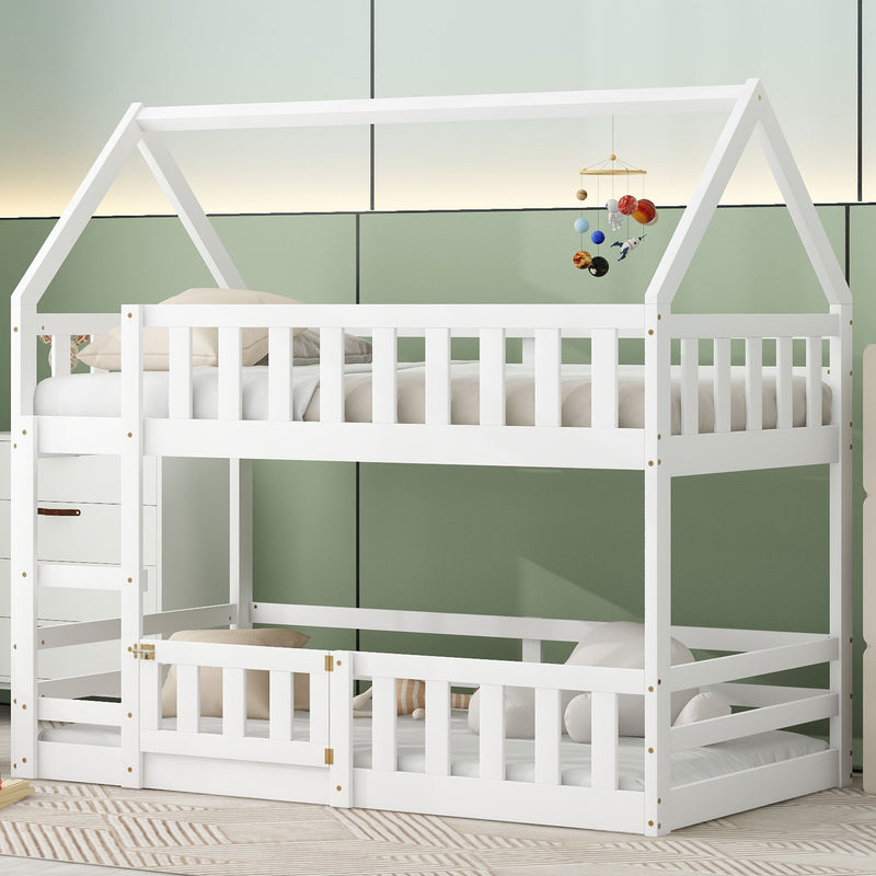 Twin over Twin House Bunk Bed with Fence and Door, White