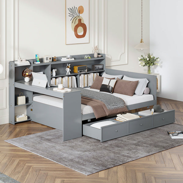 Full Size Wooden Daybed With 3 Drawers, USB Ports And Desk - Gray