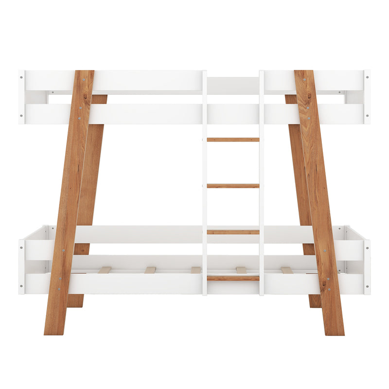 Wood Twin Size Bunk Bed with Built-in Ladder and 4 Wood Color Columns, White