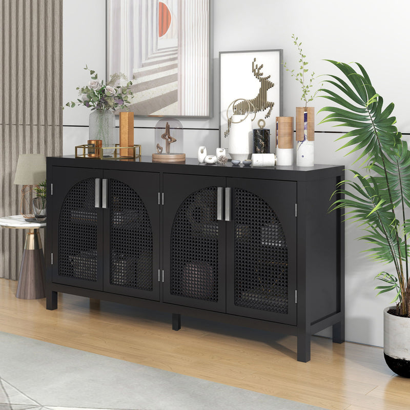 Large Storage Space Sideboard With Artificial Rattan Door And Metal Handles For Living Room And Entryway - Black