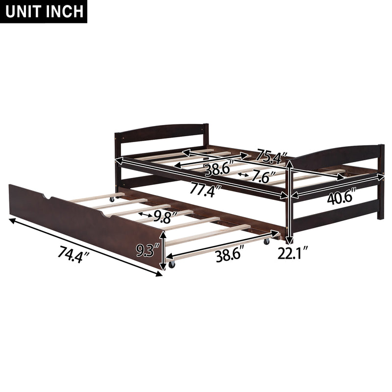 Twin Size Platform Bed with Twin Size Trundle, Espresso