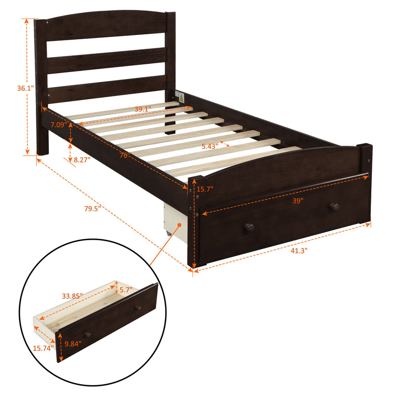 Twin Platform Bed Frame With Storage Drawer And Wood Slat Support No Box Spring Needed - Espresso