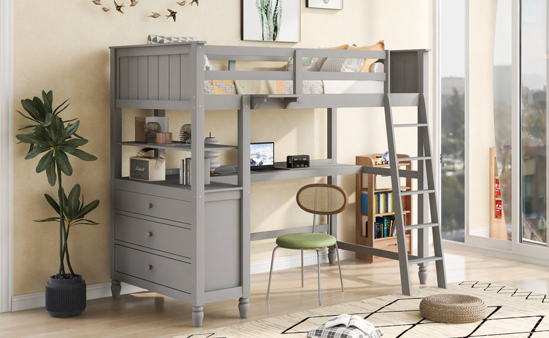 Twin size Loft Bed with Drawers and Desk, Wooden Loft Bed with Shelves - Gray(OLD SKU: LT001530AAE)