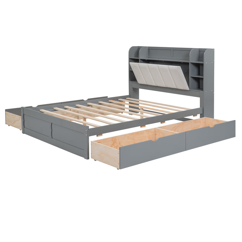 Wood Queen Size Platform Bed with Storage Headboard, Shelves and 4 Drawers, Gray