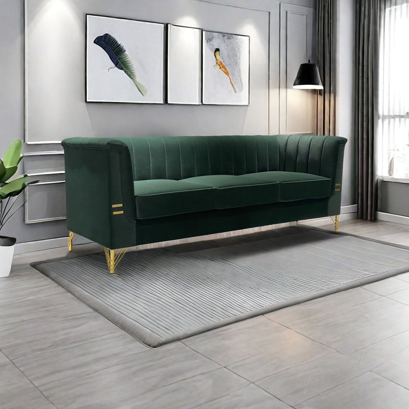 Fx-P82-Gr (Sofa) Velvet Sofa, Mid-Century Sofa Furniture Chesterfield Couch For Living Room - Green