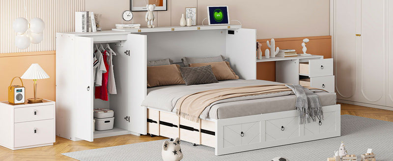 Murphy Bed With USB Port, Large Drawer, And Wardrobe / Desk Combo Versatile Cabinet Bed