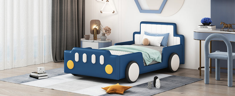 Twin Size Race Car-Shaped Platform Bed with Wheels,Blue