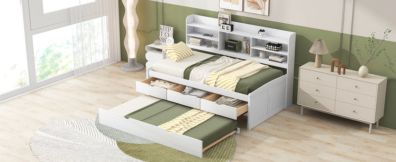 Twin Size Wooden Captain Bed with Built-in Bookshelves,Three Storage Drawers and Trundle, White Wash